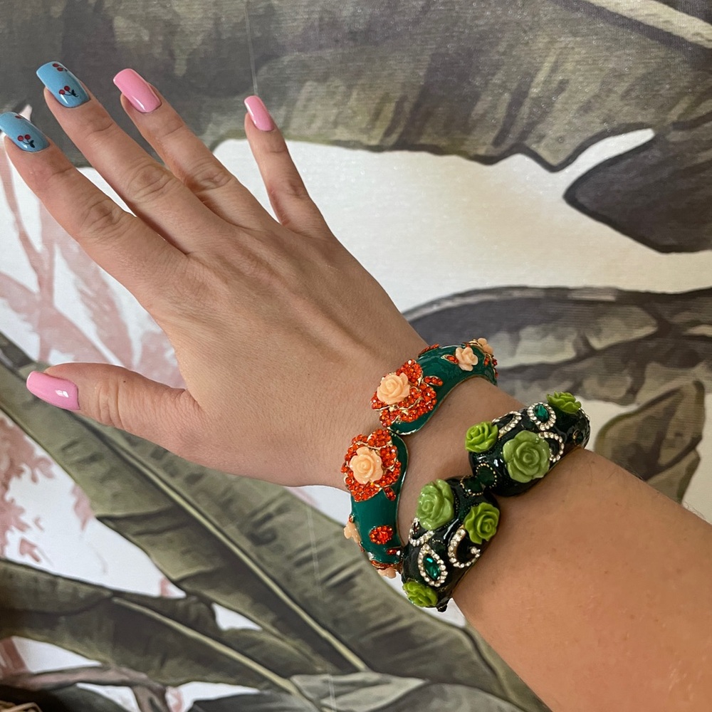 Bundle of two golden statement bracelets with roses crystals teal orange green